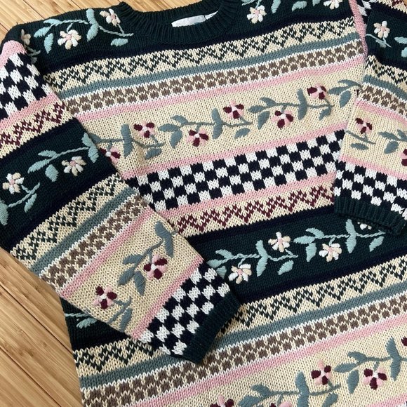Sweaters - Vintage VTG HP🎉emerald green and pastel stripe knit sweater with flowers